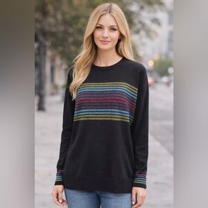 Express Women’s Black Knit Sweater Metallic Glittery Stripe Crewneck Large